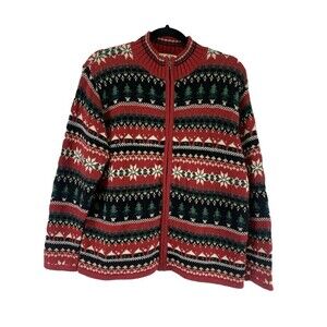 Heirloom Collectibles Sweater Cardigan Ramie Cotton Zip Fair Isle Red Medium